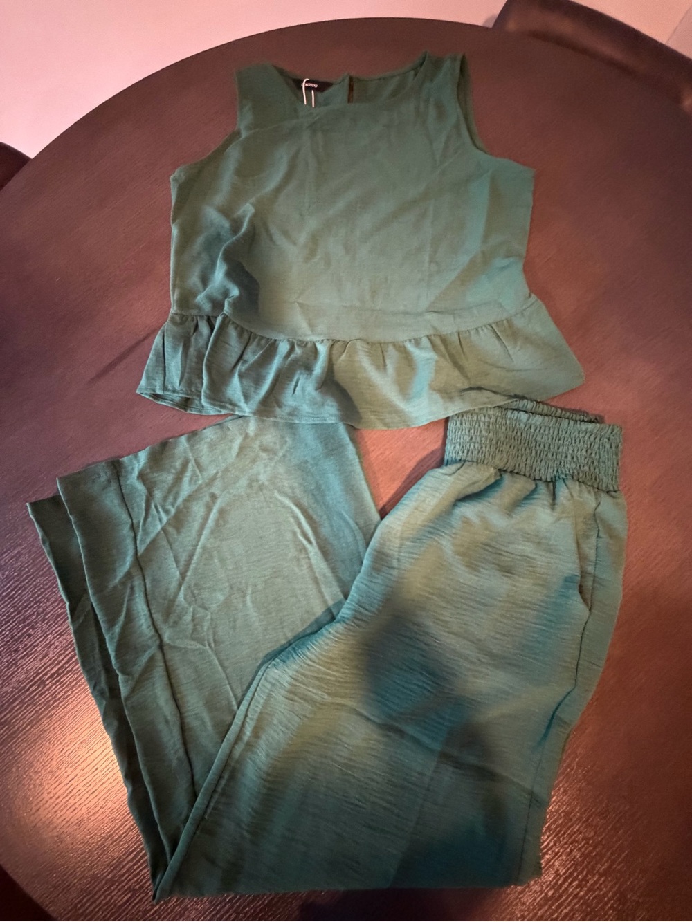 Girls Green Ruffle Peplum Top & Elastic Waist Pants Set